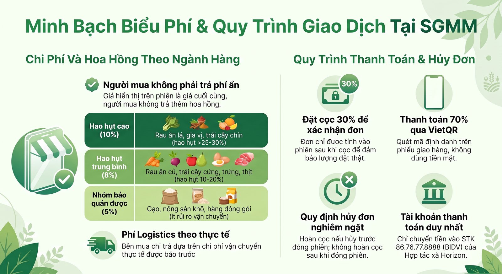 Minh bạch biểu phí và quy trình giao dịch tại SGMM: hoa hồng 10% nhóm hao hụt cao, 8% nhóm trung bình, 5% nhóm bảo quản được; phí logistics theo thực tế; đặt cọc 30% khi đặt đơn, thanh toán 70% qua VietQR khi nhận hàng; hoàn cọc nếu huỷ trước giờ đóng phiên; chỉ một tài khoản nhận tiền duy nhất tại BIDV.