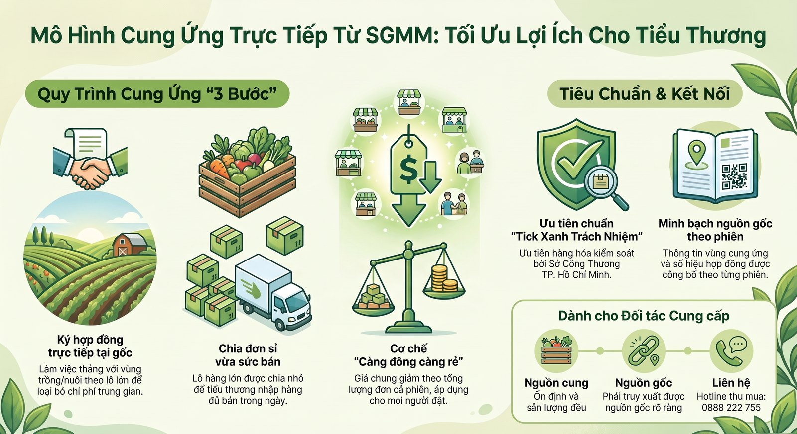 Mô hình cung ứng trực tiếp từ SGMM: ký hợp đồng trực tiếp tại gốc, chia đơn sỉ vừa sức bán, cơ chế càng đông càng rẻ; ưu tiên chuẩn Tick Xanh Trách Nhiệm và minh bạch nguồn gốc theo từng phiên.